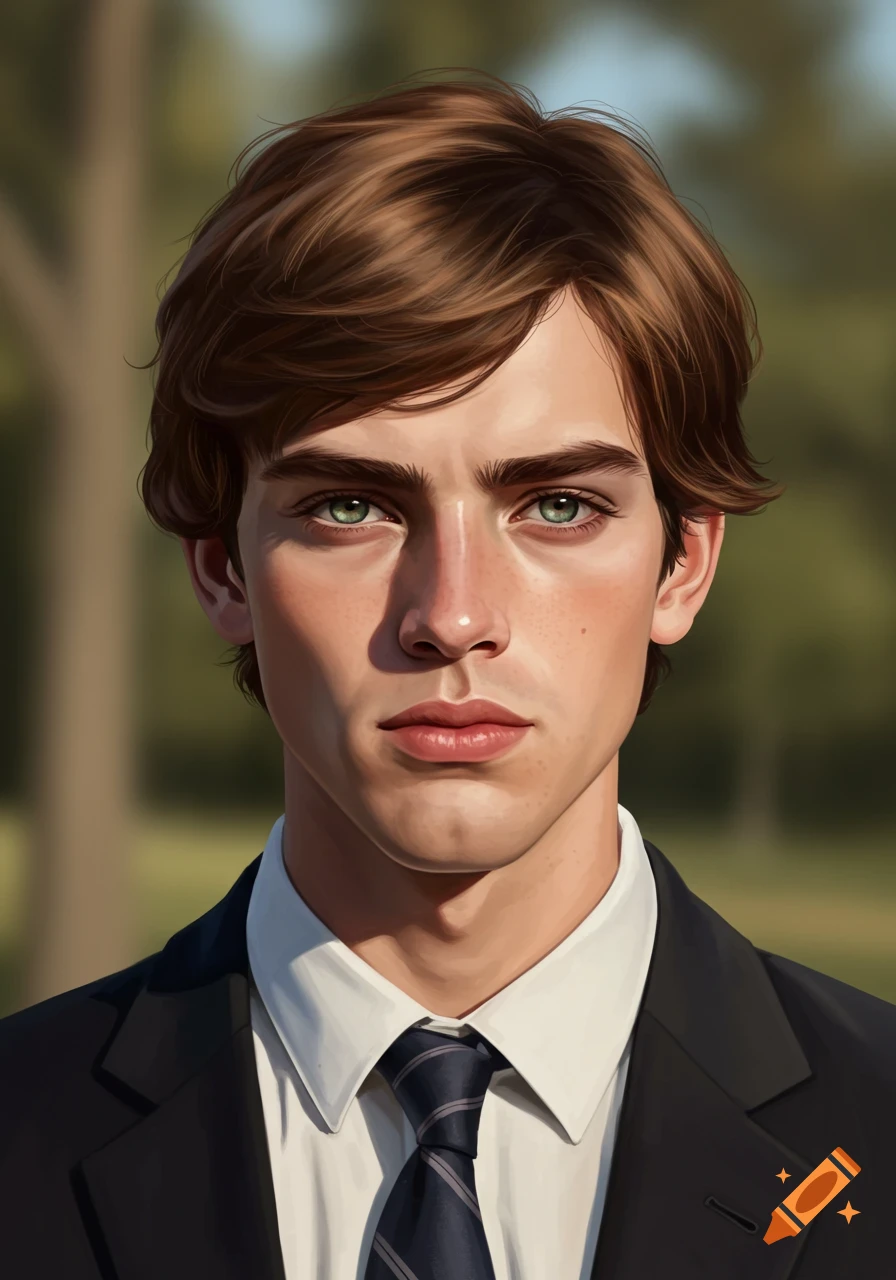 Photorealistic portrait of a young Caucasian man with brown hair and green eyes, wearing a suit and tie.
