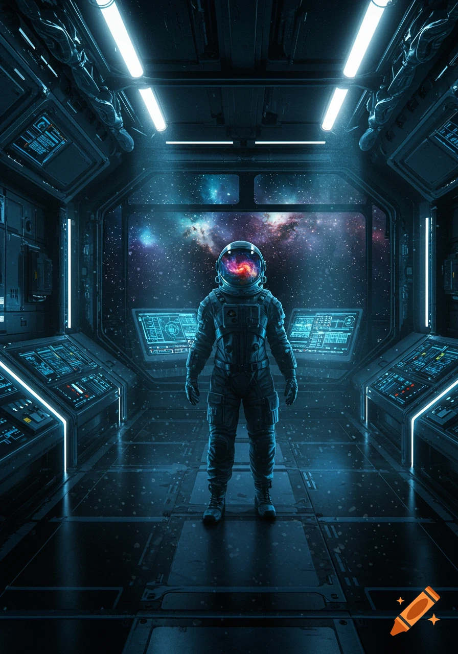 An astronaut in a spacesuit stands in a spaceship cockpit, looking out at a vibrant galaxy through a window. The cockpit features glowing blue control panels.