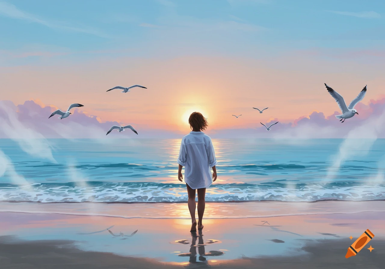 A person stands on a beach facing the ocean and a vibrant sunset, with seagulls flying above. Digital art.