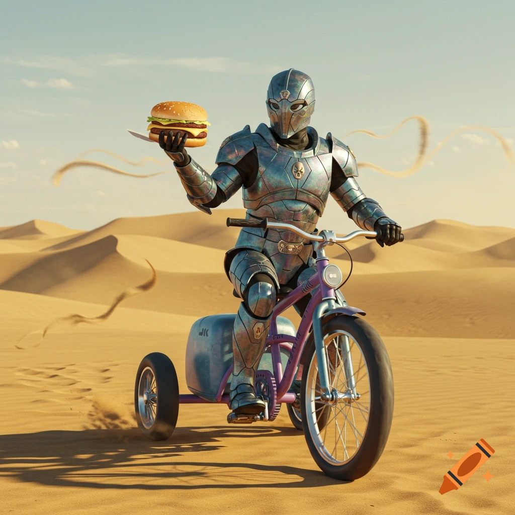 A metallic robot knight in armor rides a purple tricycle through a desert, holding a large hamburger on a small plate.