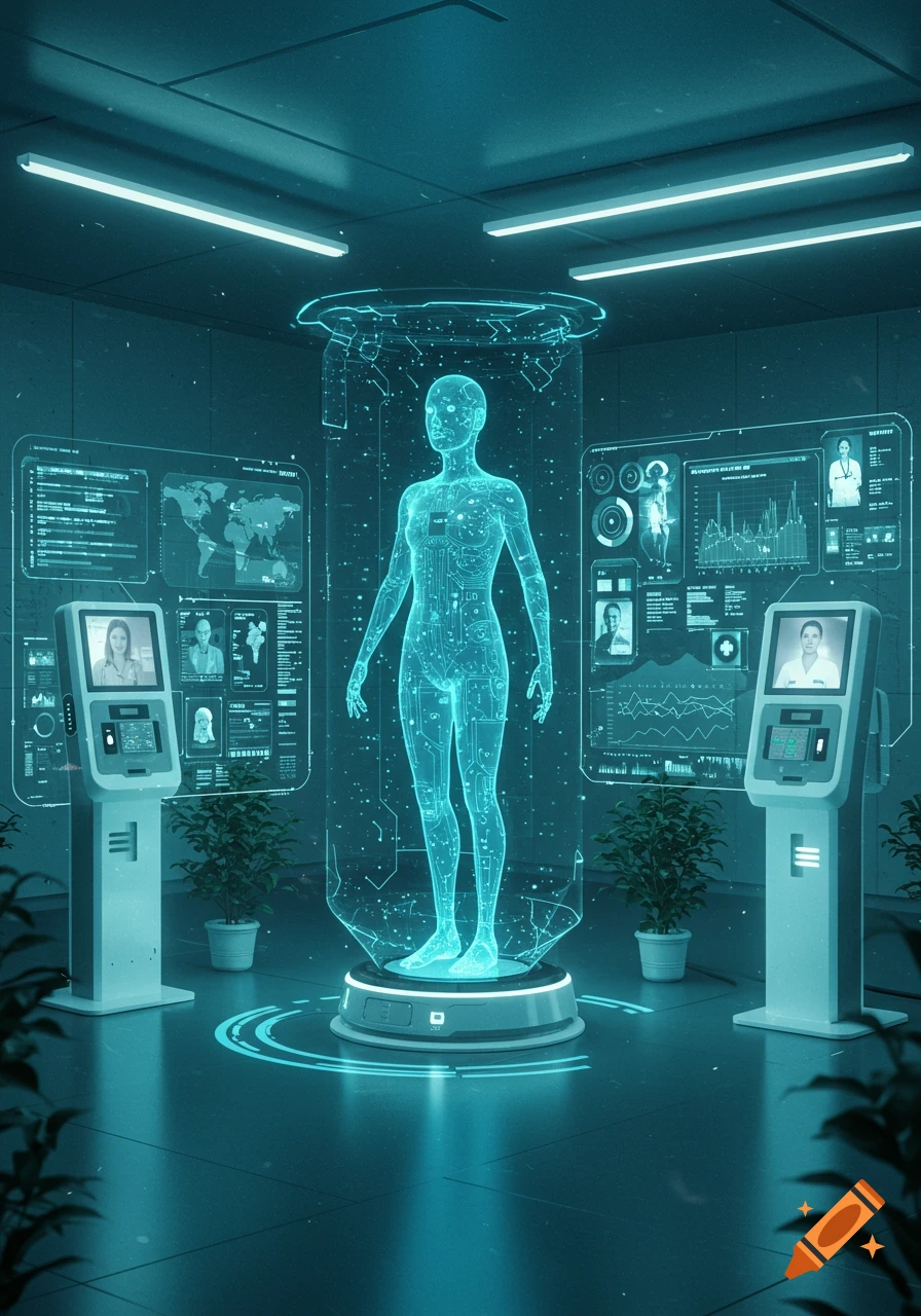 Futuristic laboratory with a glowing blue holographic human figure on a platform, surrounded by screens displaying medical data.
