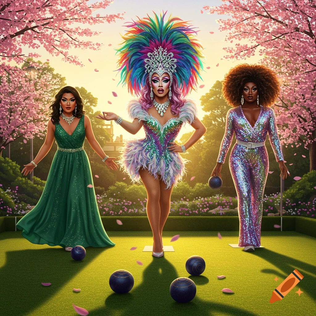 Three drag queens in elaborate, colorful outfits playing lawn bowls in a vibrant park with pink flowering trees.