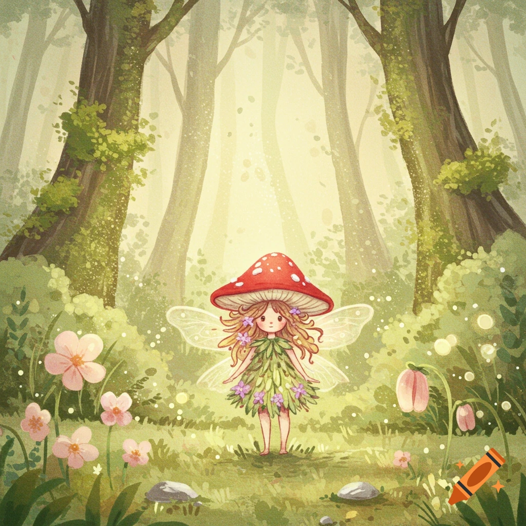Soft watercolor illustration of a fairy girl with a red mushroom hat standing in a magical forest.