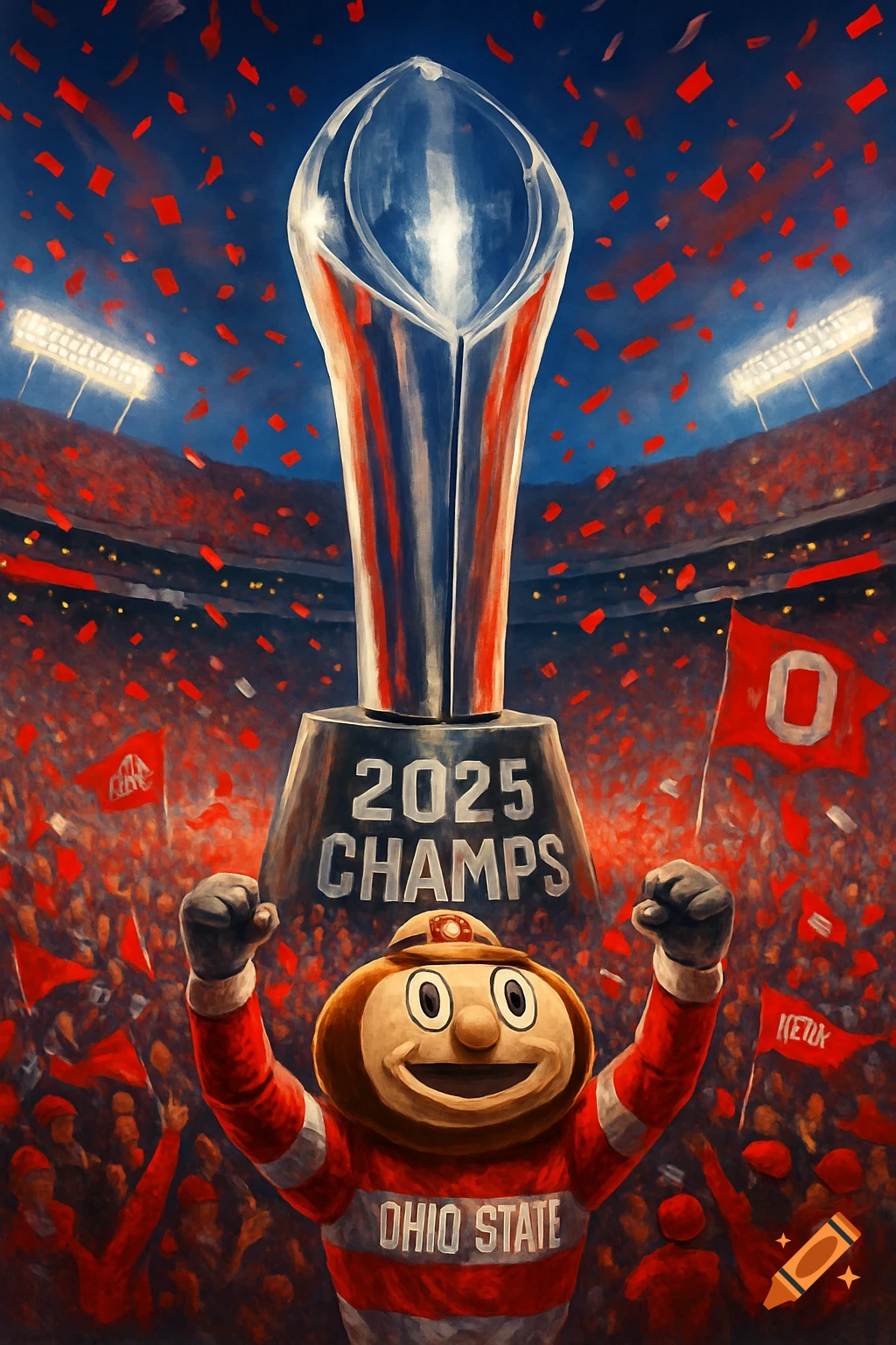 Mr. Buckeye mascot celebrating with hands raised in a stadium with confetti, a large 2025 CHAMPS trophy, and OHIO STATE text on his shirt.