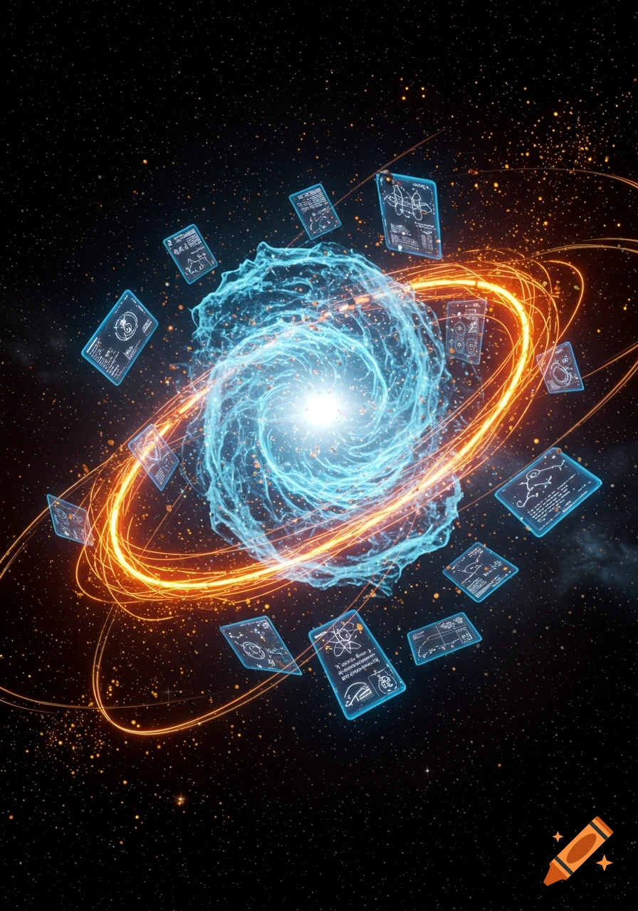 A luminous blue cosmic swirl at the center, surrounded by glowing orange energy rings and floating translucent panels with scientific diagrams against a starfield.