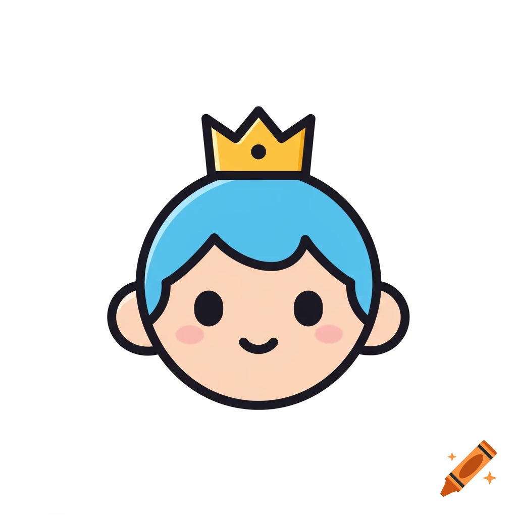 A simple, cute, minimalist cartoon avatar with light blue hair and a gold crown on a white background.