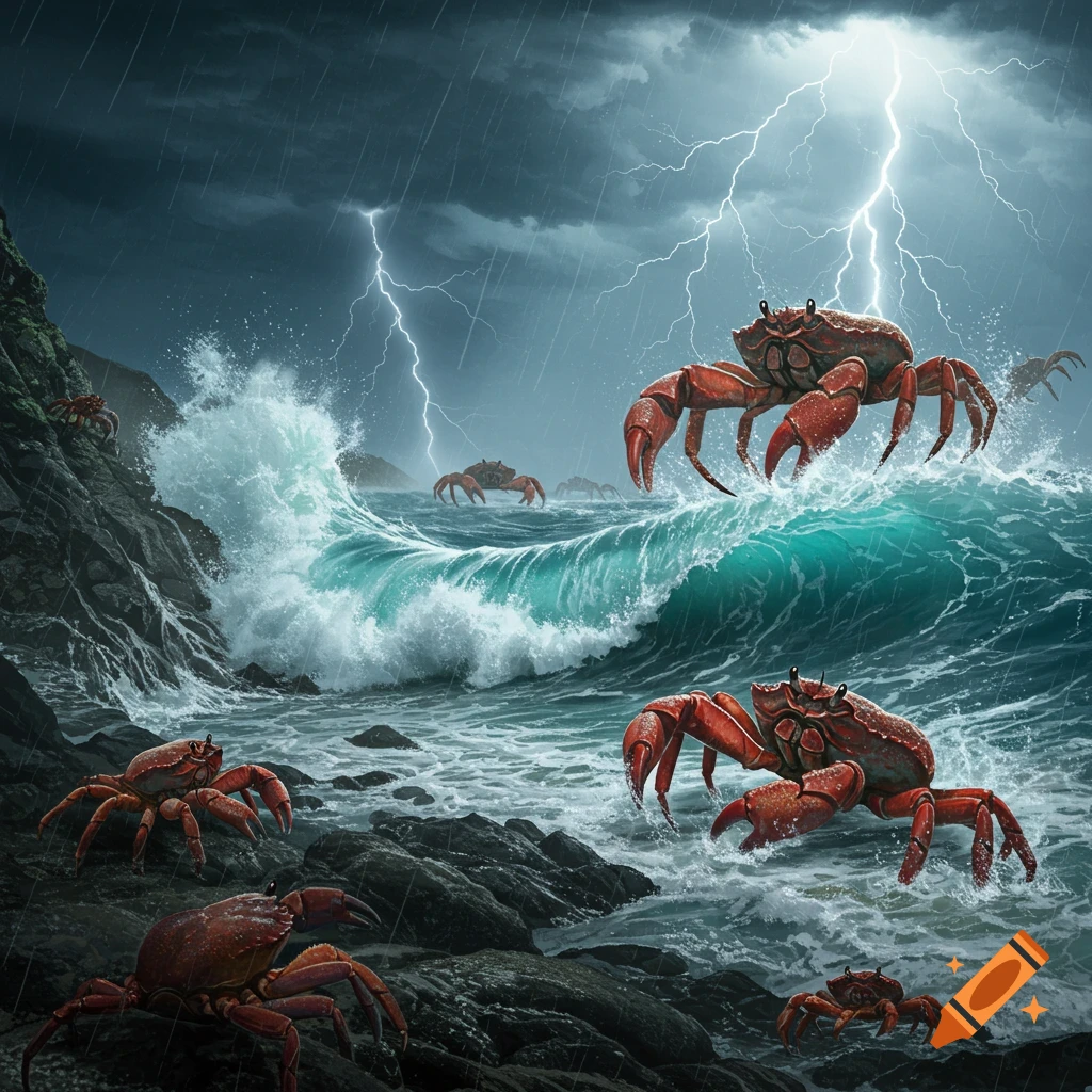 Giant red crabs on a rocky shore during a stormy sea with crashing waves, rain, and bright lightning.