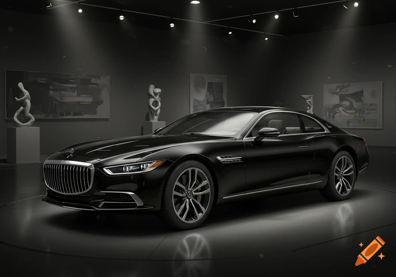 A sleek, black luxury car with a large chrome grille is spotlit in a dimly lit art gallery showroom, surrounded by abstract paintings and sculptures.