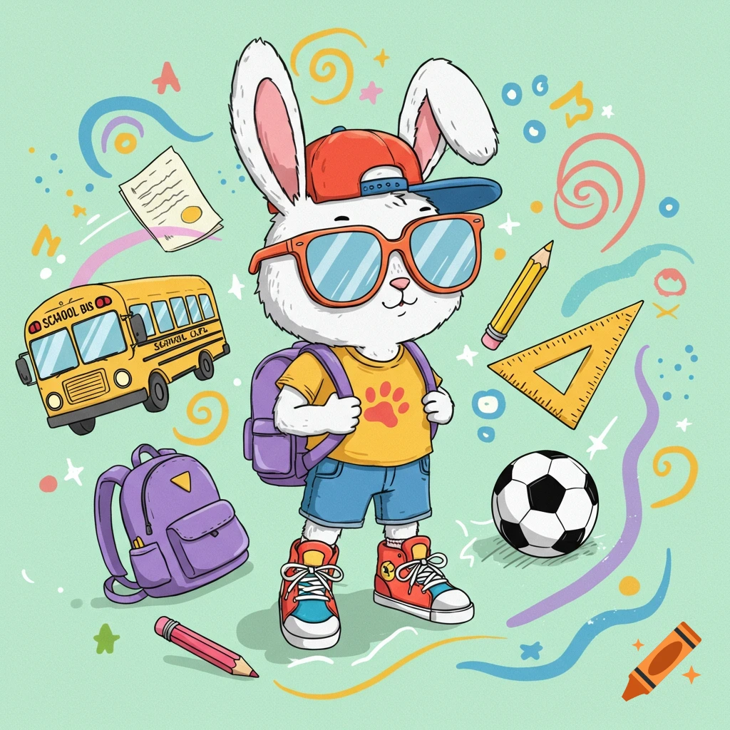 A cool cartoon bunny wearing sunglasses, a cap, and a backpack, surrounded by school items like a bus, pencils, and a soccer ball, on a light green background.