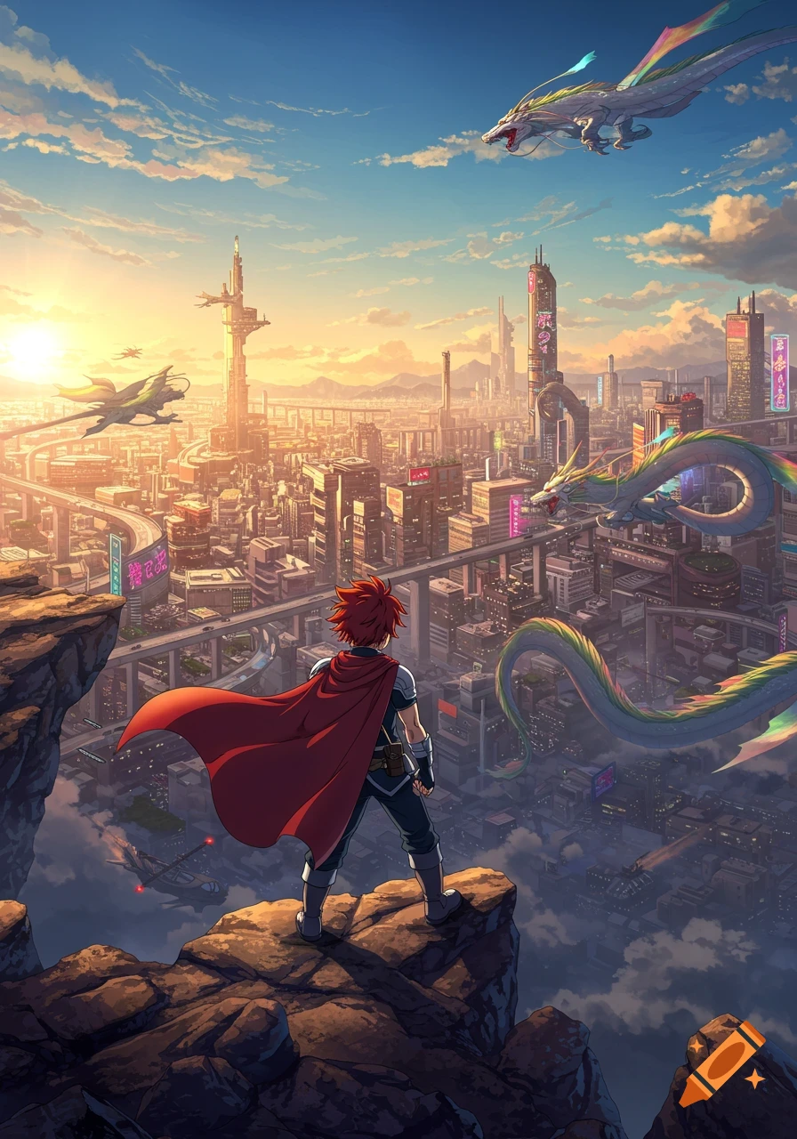 An anime character in a red cape stands on a cliff, looking out over a futuristic city with flying dragons and vehicles under a golden sky.