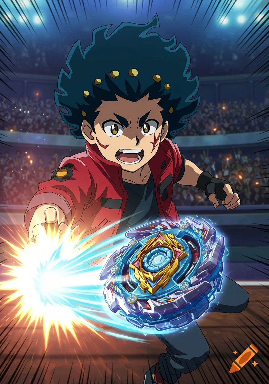 An angry anime boy with curly black hair launches a blue and gold Beyblade in an arena, with energy radiating from his hand.