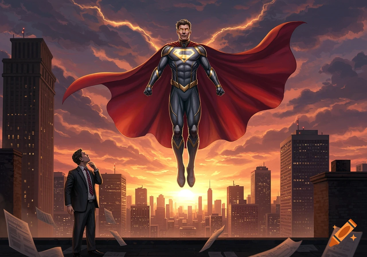 A superhero in a black and gold suit with a red cape floats above a city at sunset, observed by a businessman on a rooftop.