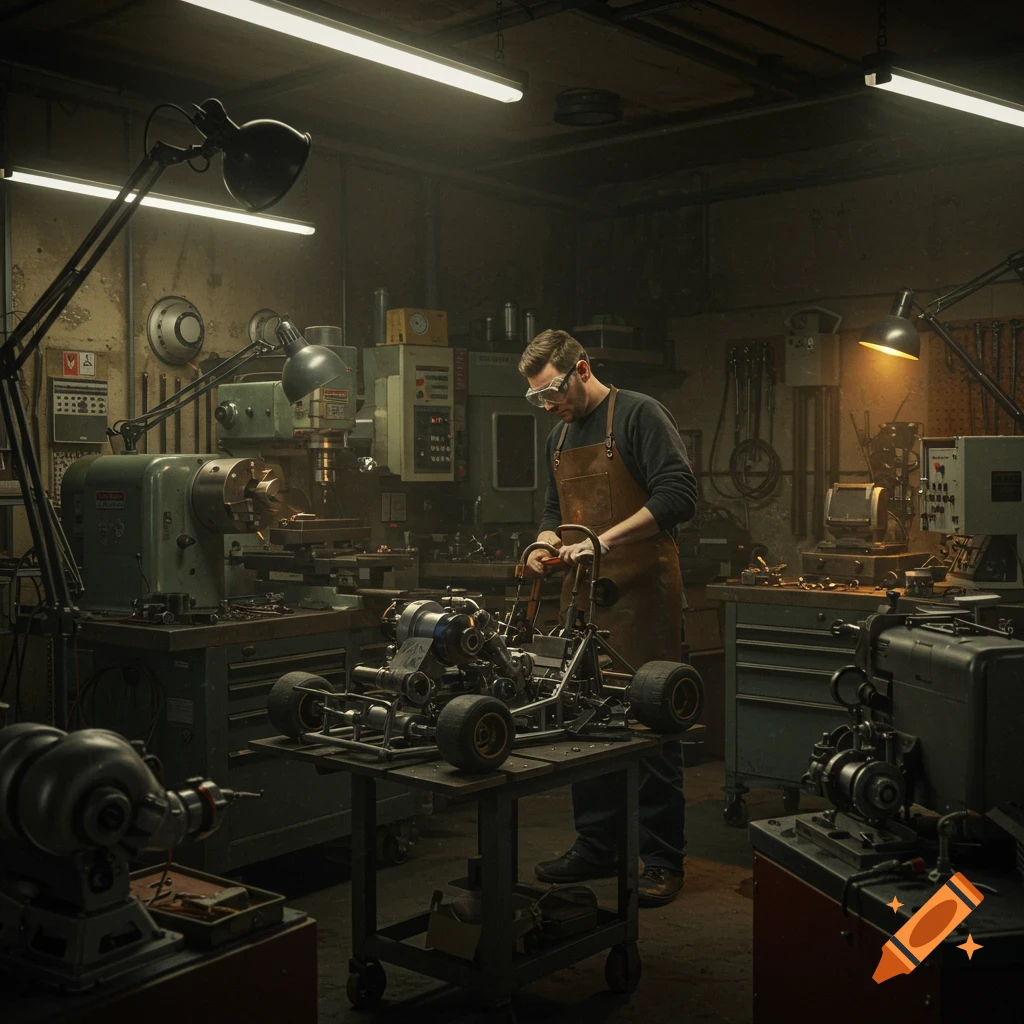 A man wearing safety goggles and an apron works on a go-kart frame in a well-equipped, dimly lit industrial workshop.