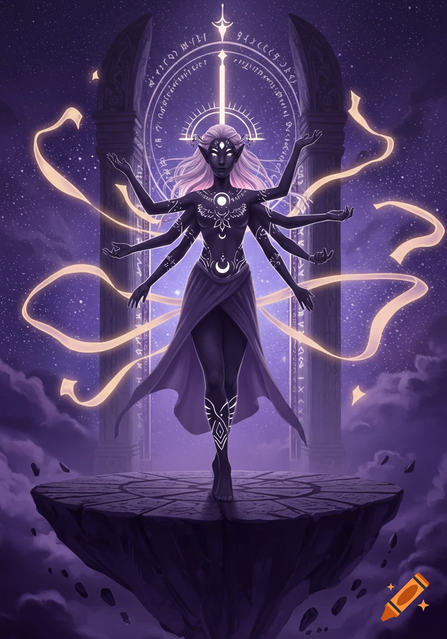 A multi-armed female deity with dark skin and light hair stands on a floating stone platform under a starry violet sky, surrounded by glowing ribbons and ancient runes.