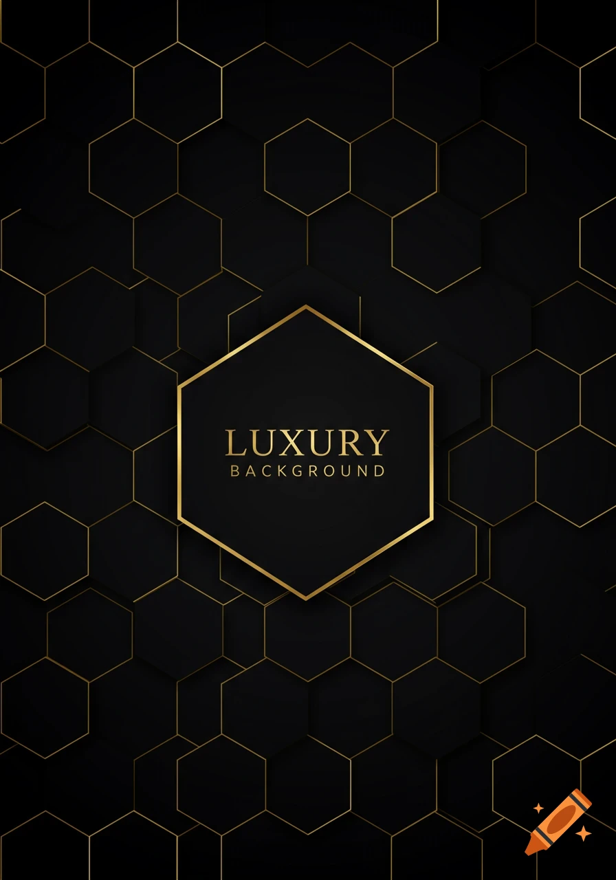 A black background with a pattern of gold-outlined hexagons, featuring a central hexagon with 'LUXURY BACKGROUND' text.