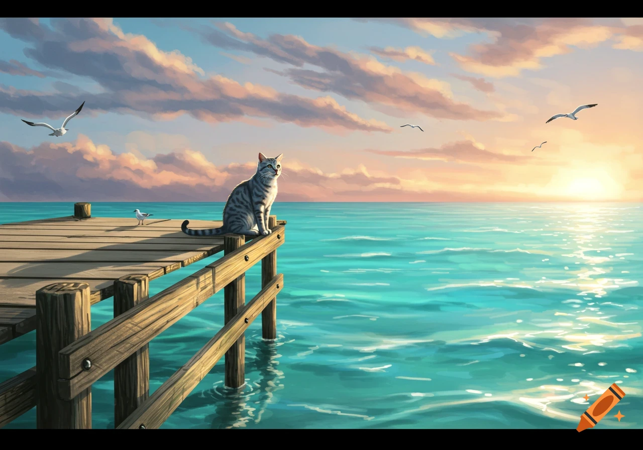 A gray tabby cat sits on a wooden pier overlooking a turquoise ocean at sunset, with seagulls flying under a cloudy sky.