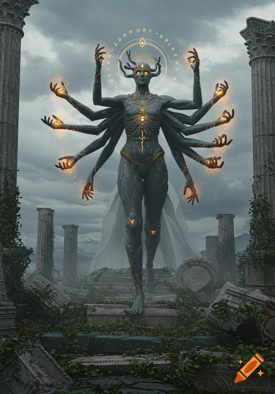 A multi-armed, grey-skinned, humanoid creature with glowing eyes and golden markings stands amidst ancient ruins. A halo of golden runes glows above its head.