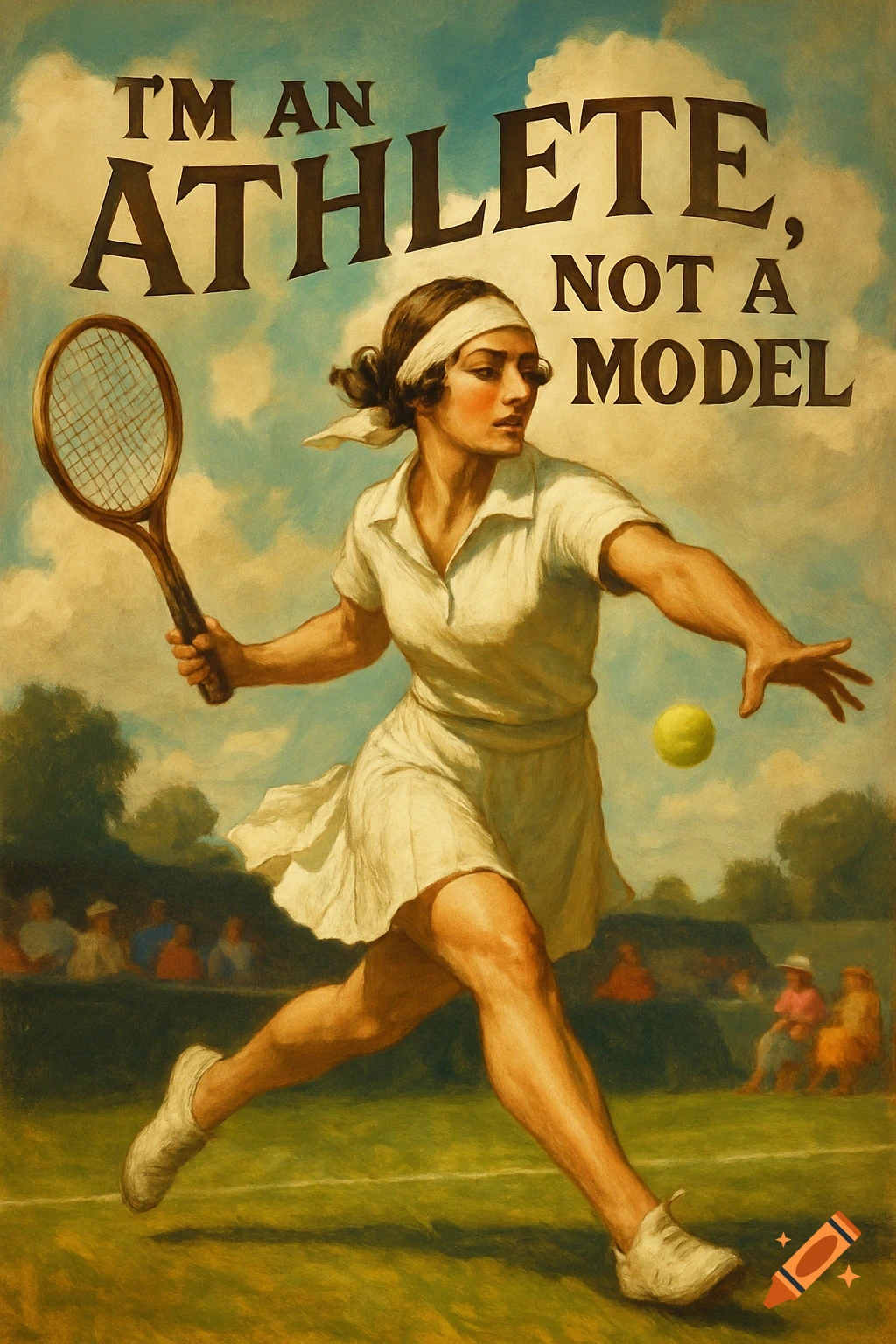 A vintage poster of a female tennis player running on court, racket in hand, with text 'I'M AN ATHLETE, NOT A MODEL'.