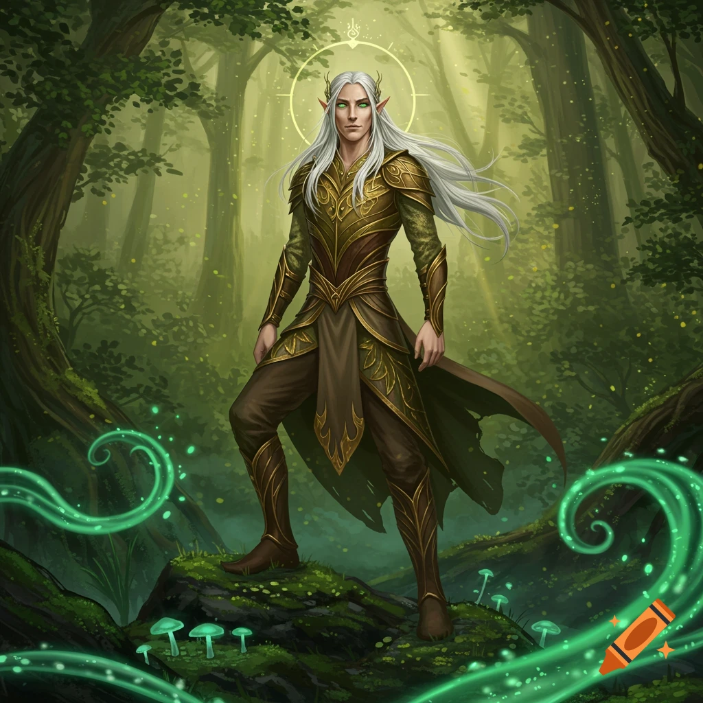 An adult male elf with white hair and green eyes in ornate gold and brown armor stands in a lush, green forest with glowing energy.