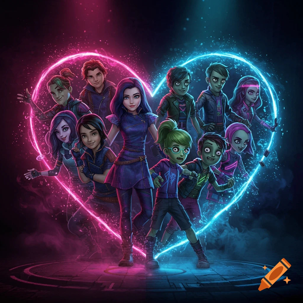 Animated characters from Descendants and Zombies stand inside a glowing pink and blue heart outline.