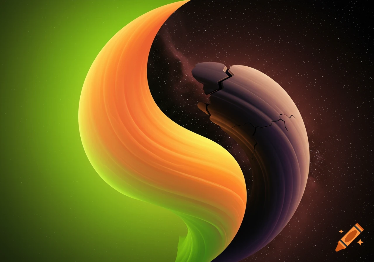 An abstract image of two intertwining shapes against a starry cosmic background. One shape is smooth, glowing green and orange; the other is dark, cracked, and purple-brown.