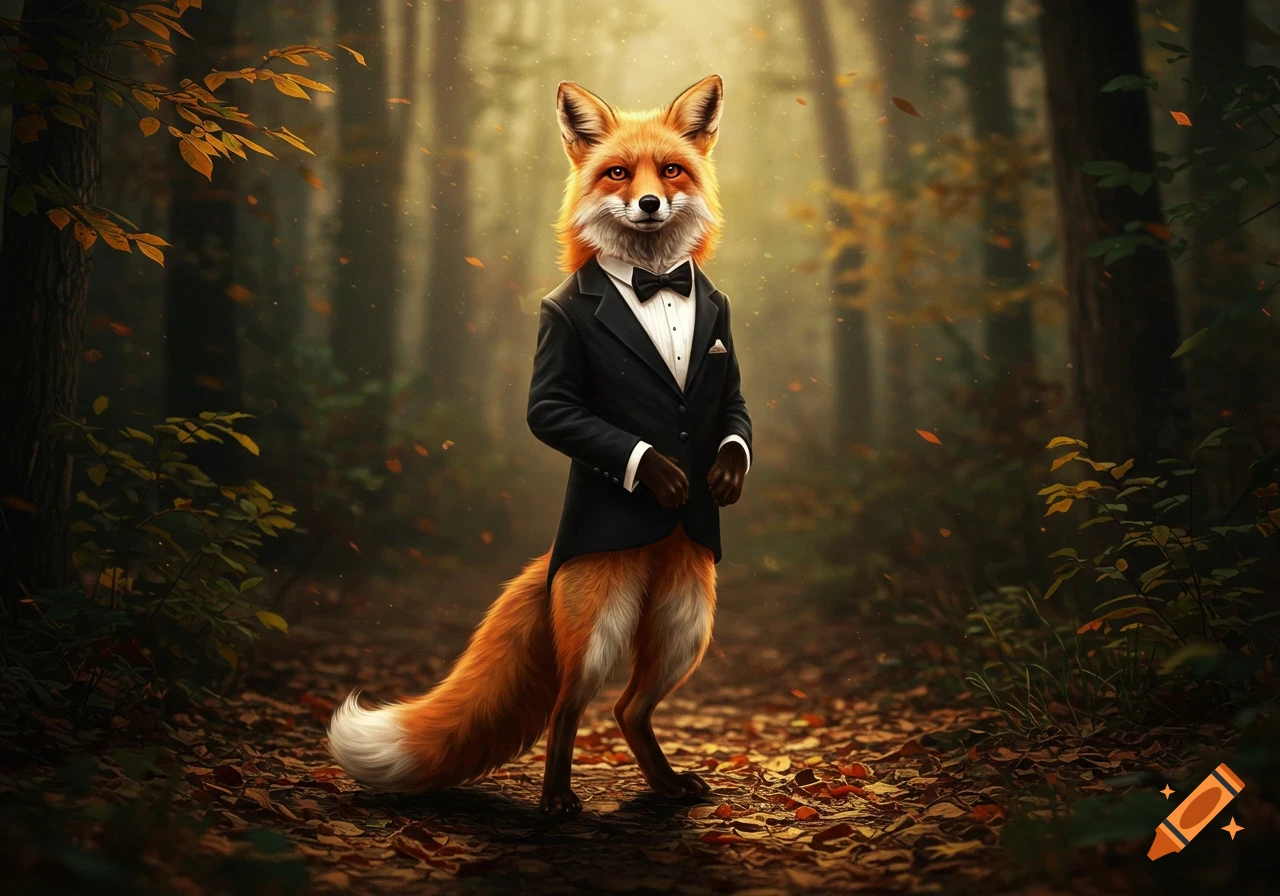 A dapper red fox in a tuxedo stands on two feet in an autumn forest with sunlight and falling leaves.