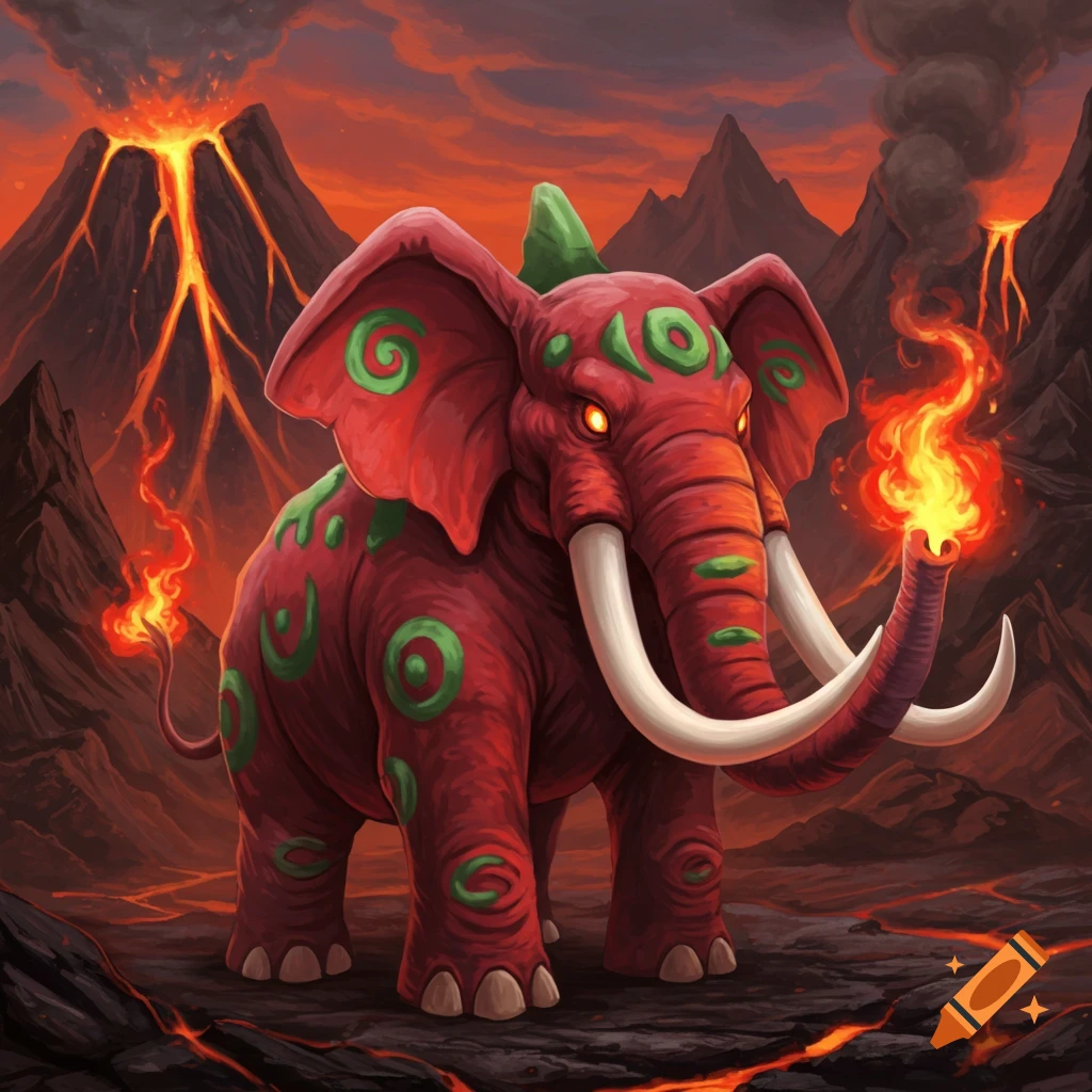 A red elephant-like creature with green markings and fiery eyes stands in a volcanic landscape, its trunk emitting fire.