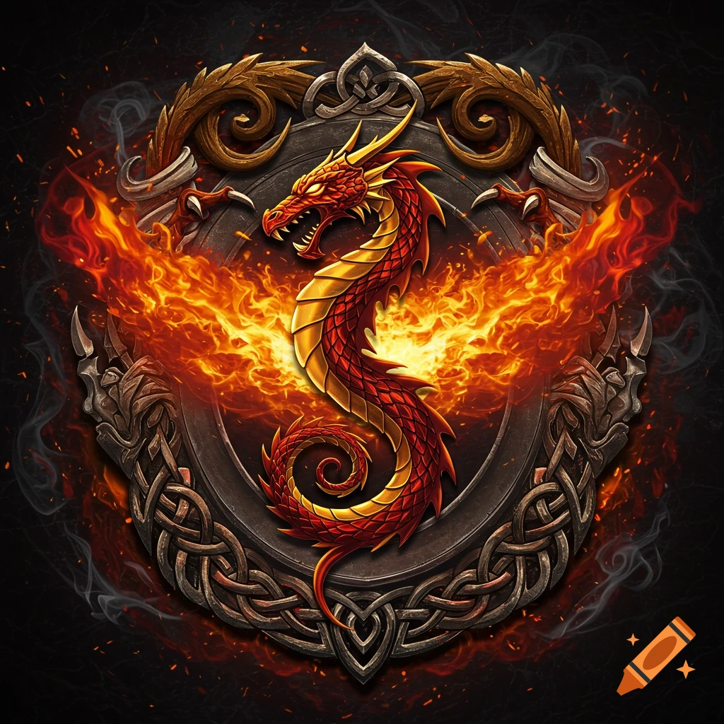 A vibrant red and gold dragon enveloped in fierce flames, centered within a dark, ornate metallic crest with intricate knotwork on a black background.