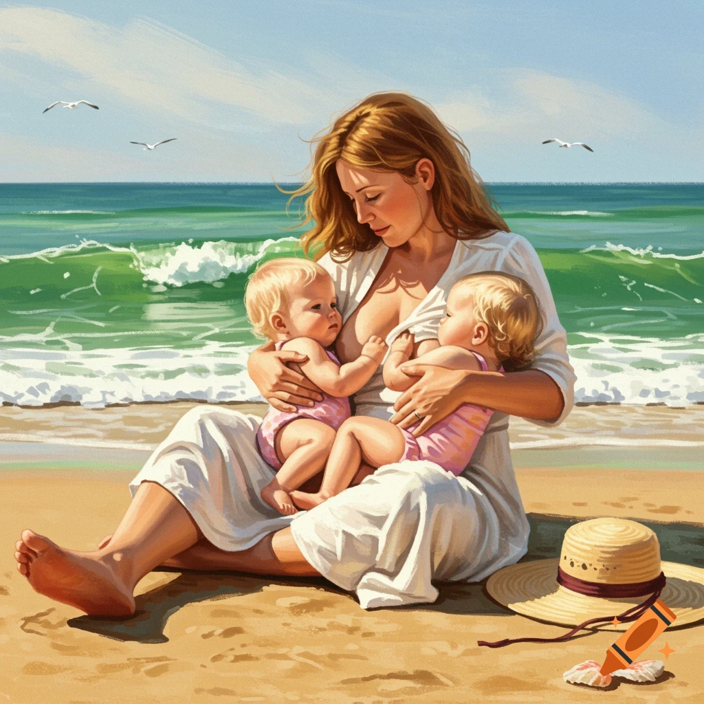 A mother breastfeeds two babies on a sandy beach with the ocean waves in the background, in a painterly style.