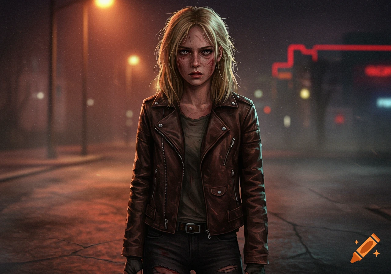 A blonde woman with a bruised face and torn clothes stands in a dark, rainy street at night, wearing a brown leather jacket, in a digital art style.