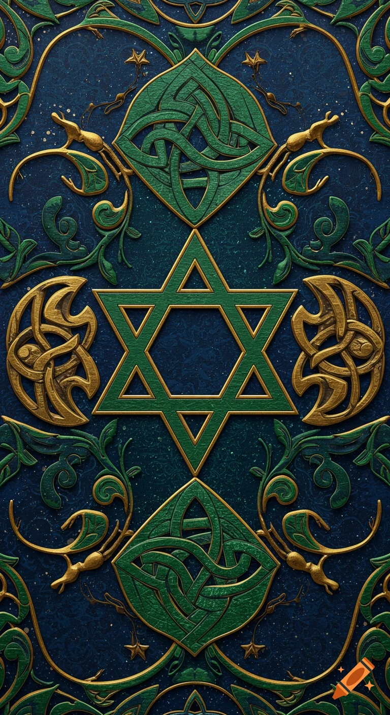 Intricate wallpaper with a green Star of David, gold and green Celtic knotwork, and swirling patterns on a dark blue textured background.