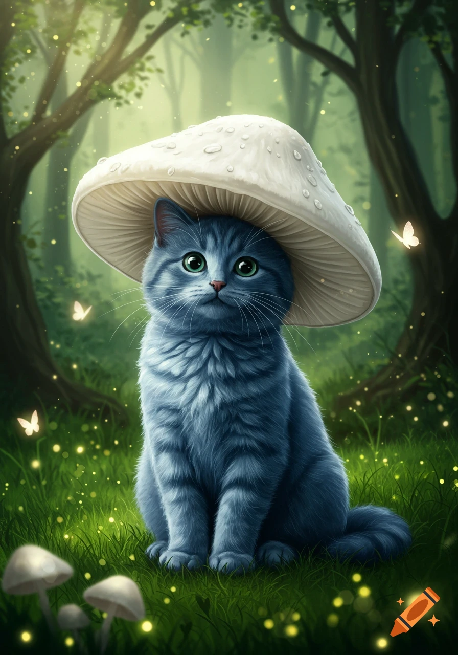A blue cat with a white mushroom hat sits in a magical forest with glowing lights and butterflies.