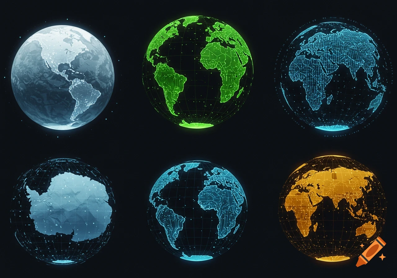 Six glowing, futuristic globes depicting various continents with digital circuit patterns and grid lines against a dark background.