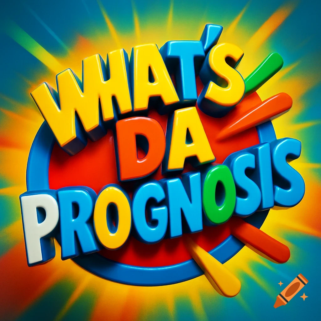 Colorful 3D text 'WHAT'S DA PROGNOSIS' bursting from a red and blue oval with a yellow starburst background.