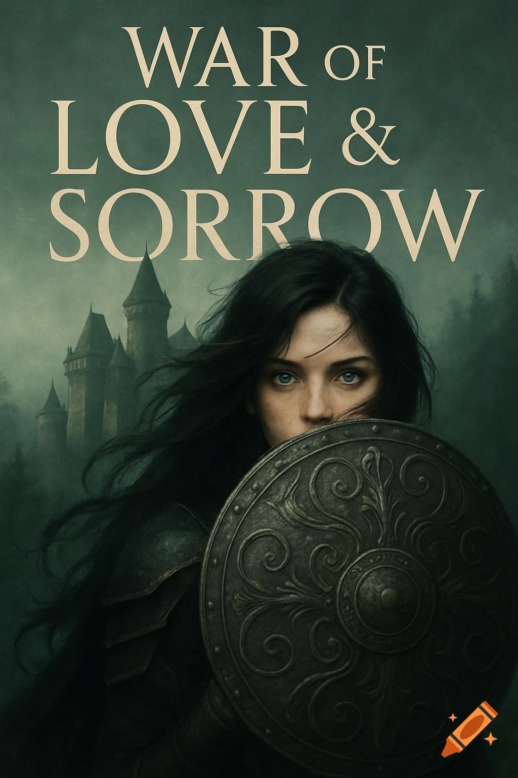 Book cover for 'War of Love & Sorrow' featuring a woman with dark hair holding a shield, a castle in the misty background.