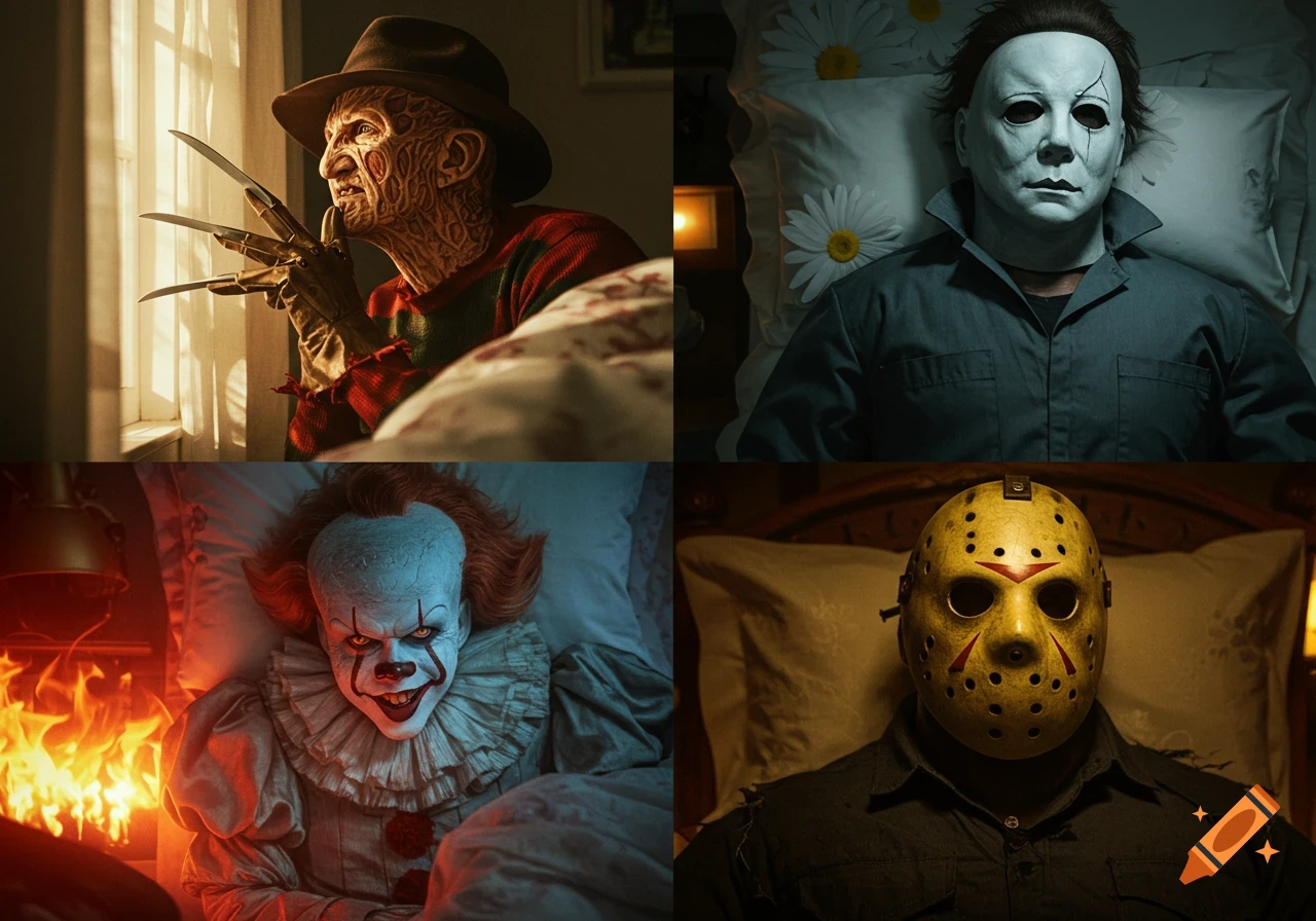 Four panels showing hyperrealistic horror movie villains (Freddy Krueger, Michael Myers, Pennywise, Jason Voorhees) in their beds, waiting for Halloween, with soft, golden lighting.