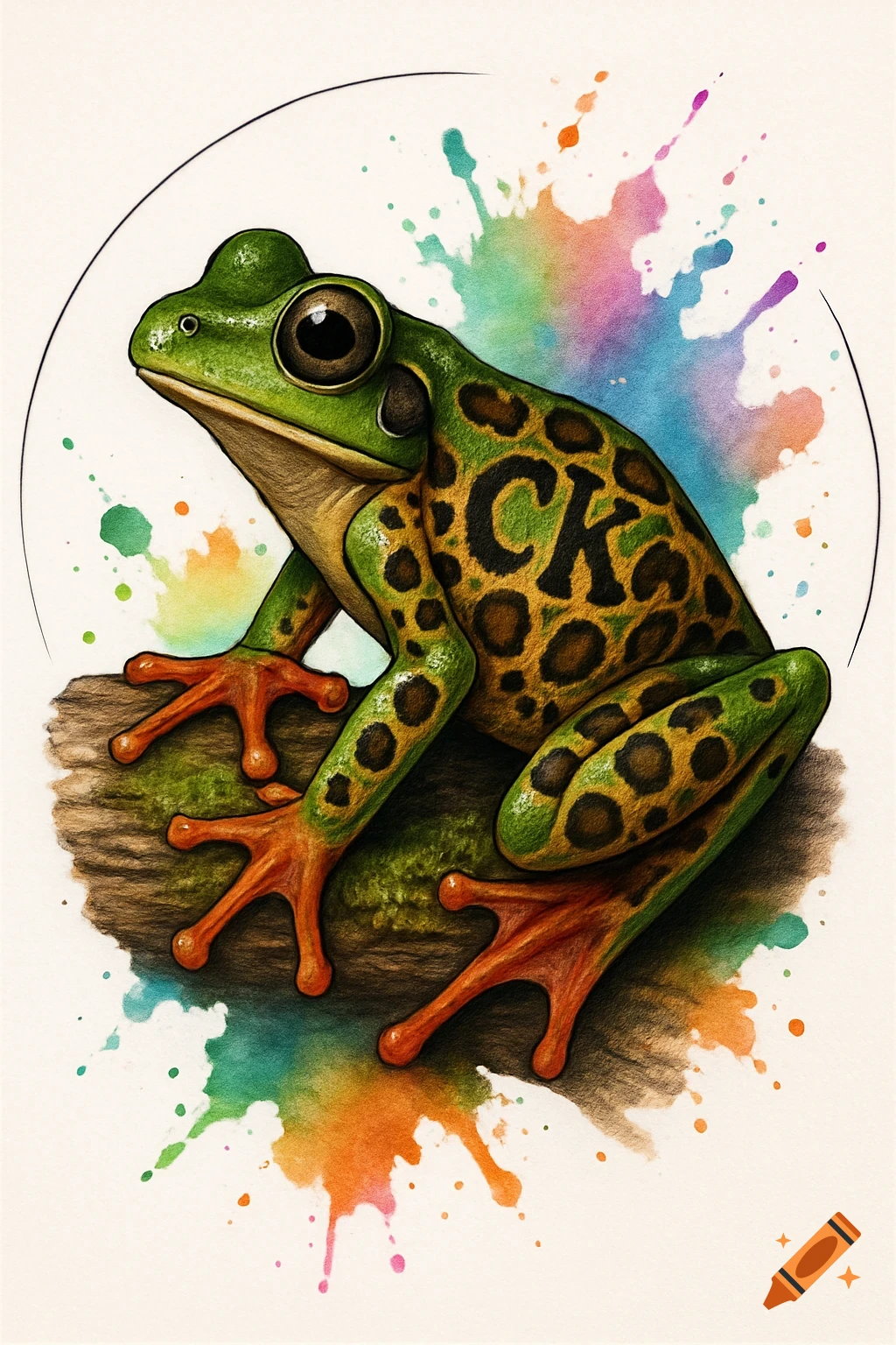 A vibrant green tree frog with leopard-like spots forming 'CK' rests on a mossy log, surrounded by colorful watercolor splashes on a white background.