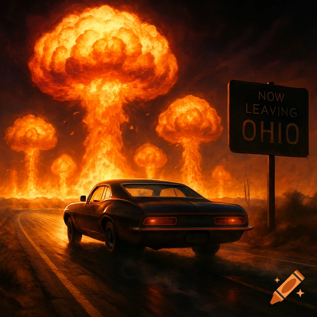 A dark car drives down a road away from multiple bright orange nuclear mushroom clouds under a dark sky, passing a sign that reads 'NOW LEAVING OHIO'.