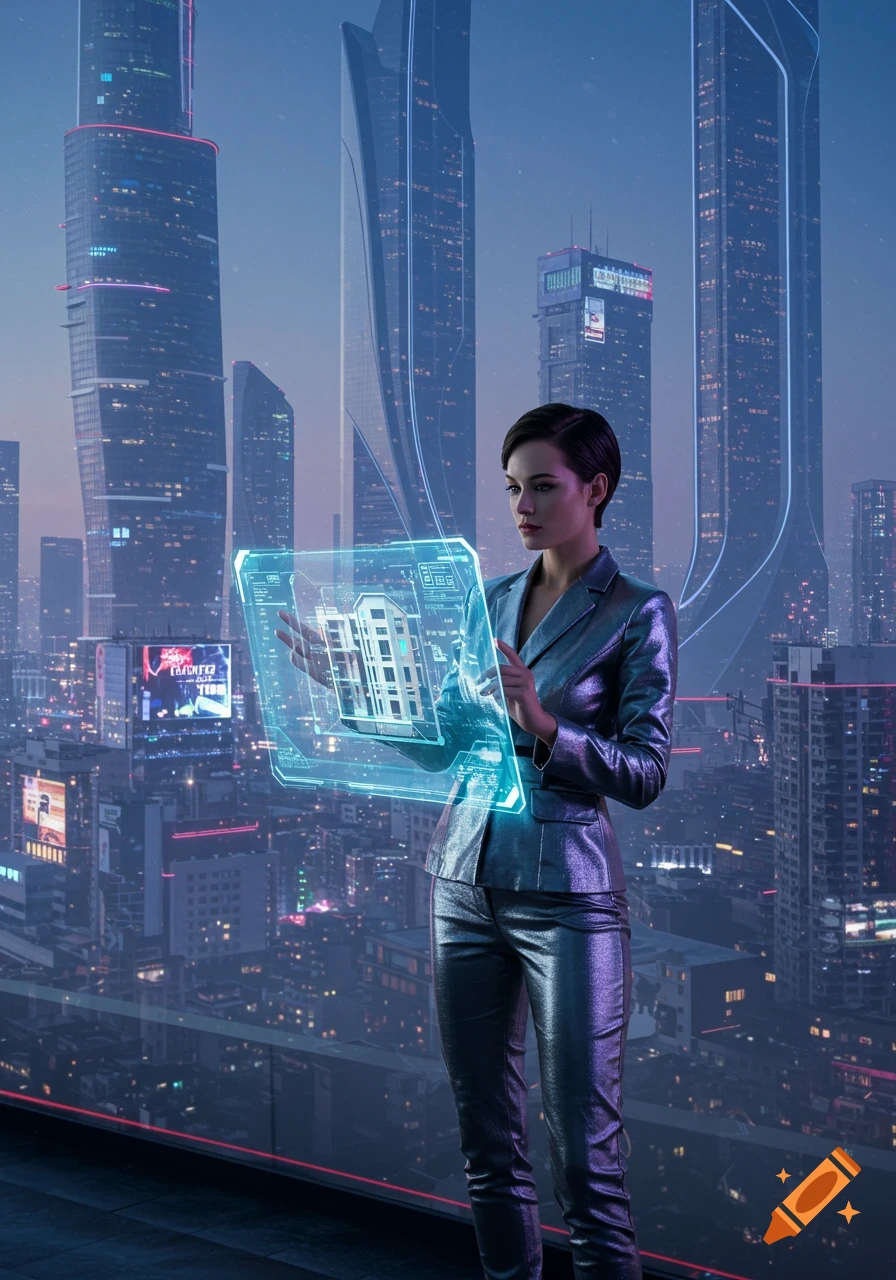 A woman in a metallic suit stands on a rooftop overlooking a futuristic city, interacting with a glowing holographic screen.