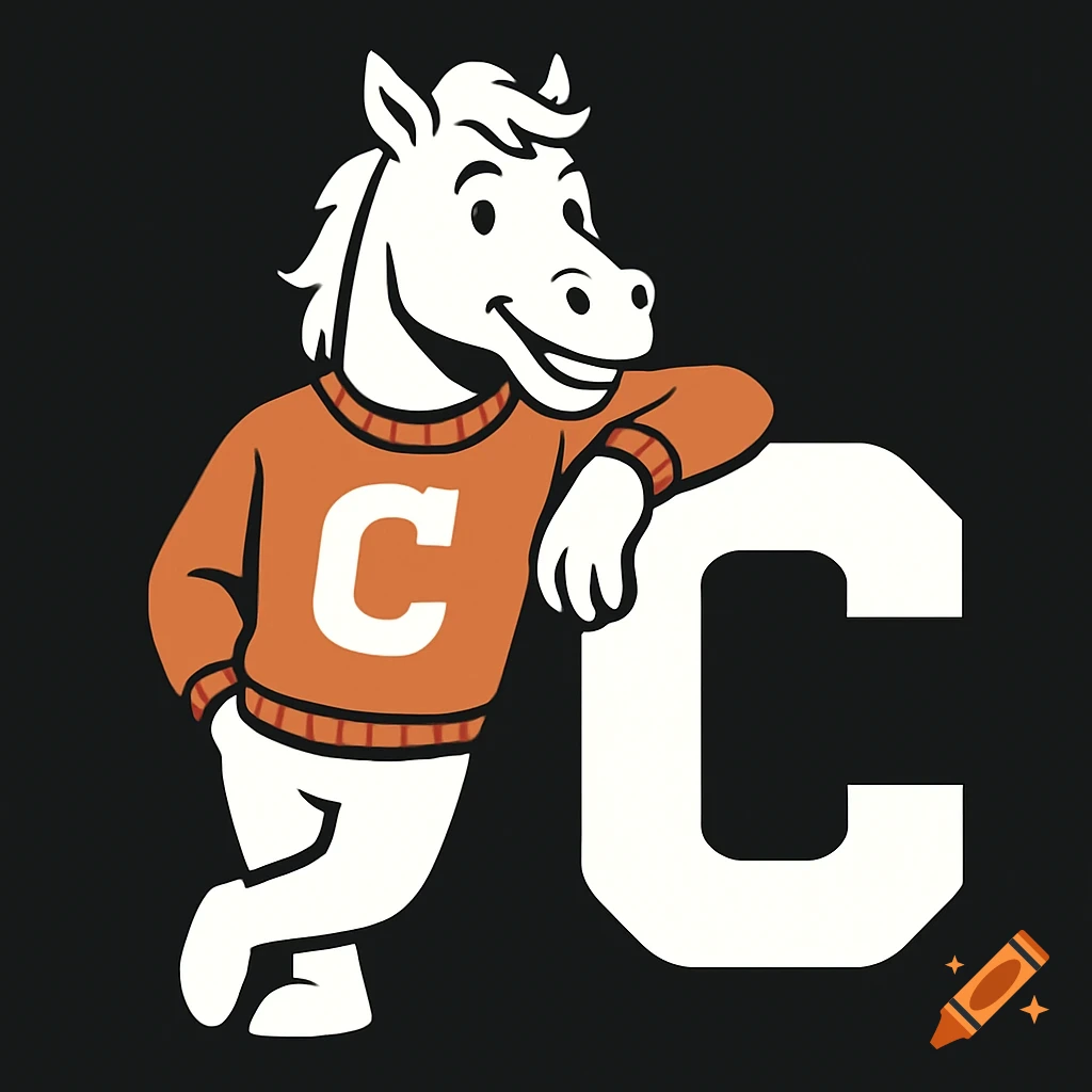 White horse mascot in an orange sweater with a 'C', leaning on a large white 'C' logo on a black background, cartoon style.
