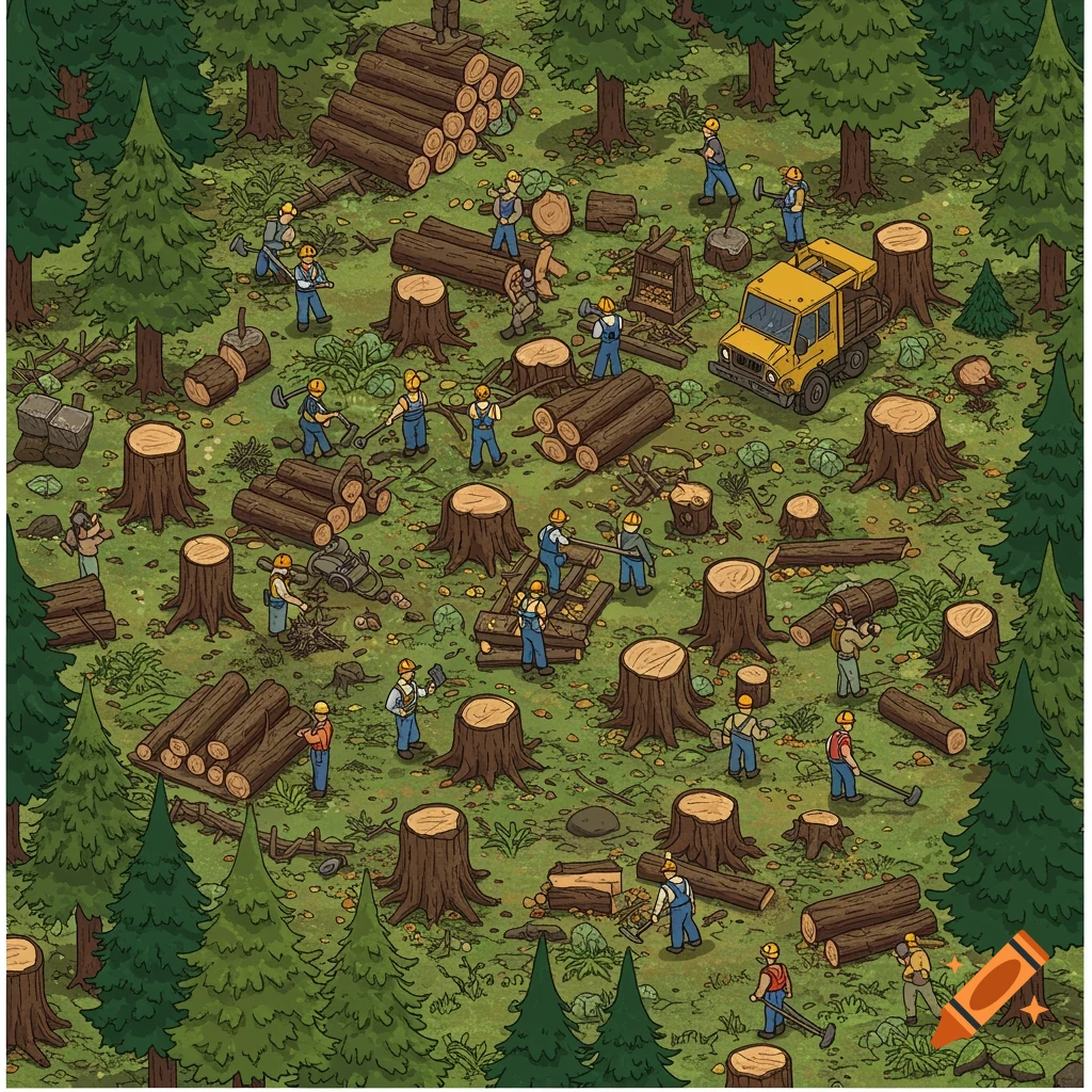 An aerial cartoon illustration of loggers cutting trees and moving logs in a forest clearing with tree stumps and a yellow truck.