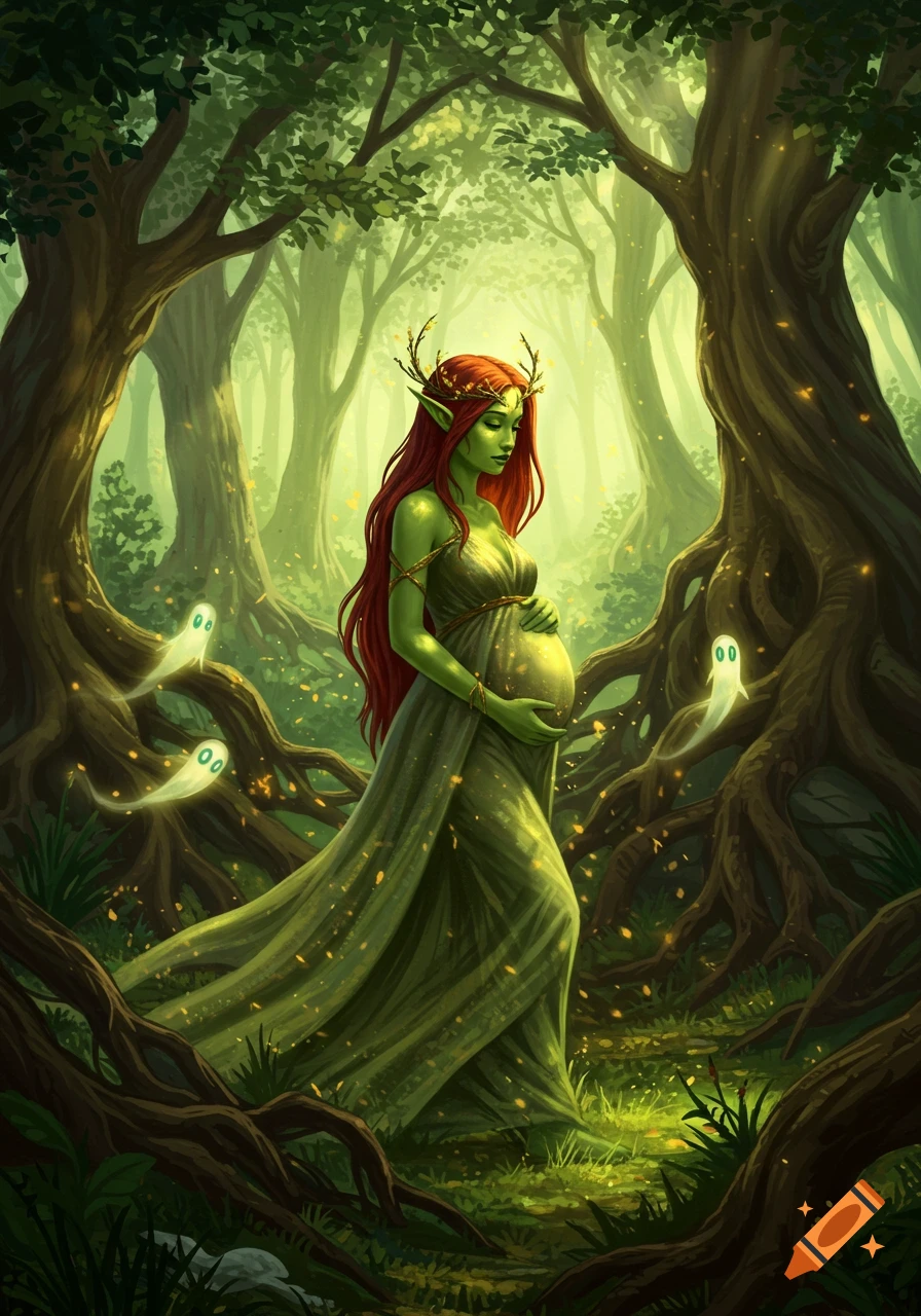 A pregnant green-skinned elf with red hair and antlers stands in a mystical forest with glowing lights and white spirits.