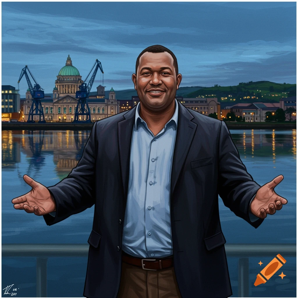 An illustration of a smiling man with arms outstretched in a suit jacket, standing by a river with a city skyline at dusk.