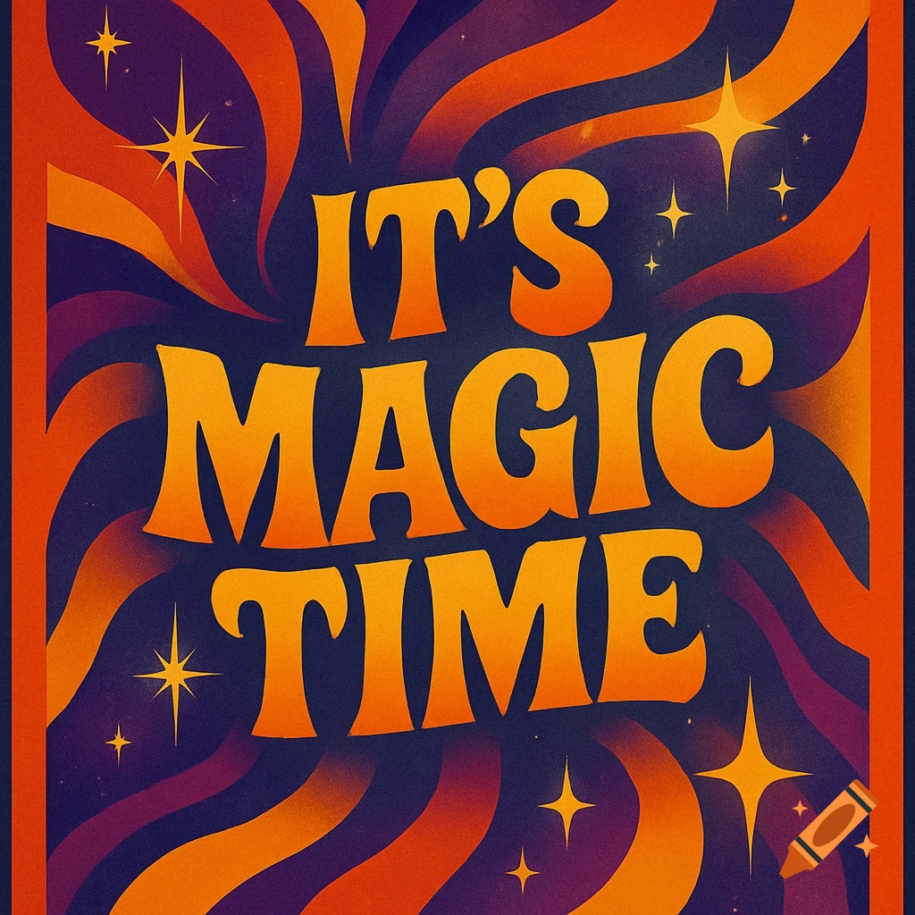 A retro-style poster with orange text 'IT'S MAGIC TIME' on a dark blue background with swirling orange and purple waves and yellow stars.