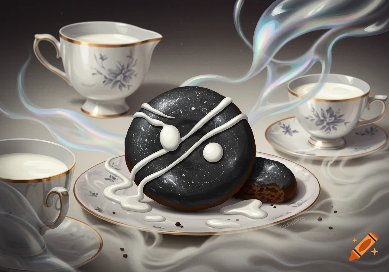 Dark, speckled donuts with white icing on a plate, surrounded by white teacups and creamer with milk and ethereal vapor.