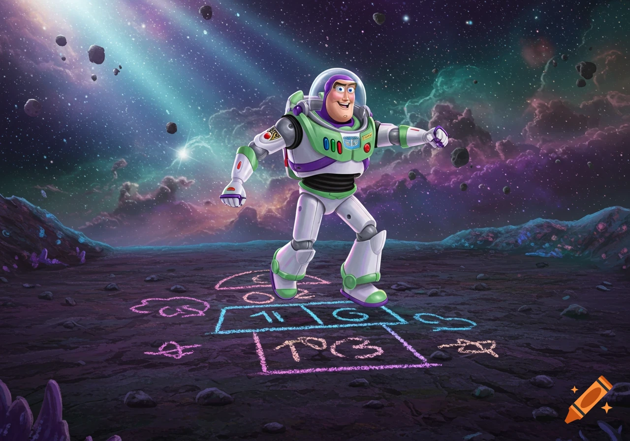 Buzz Lightyear plays hopscotch on an alien planet with a colorful, starry nebula and asteroids in the background.