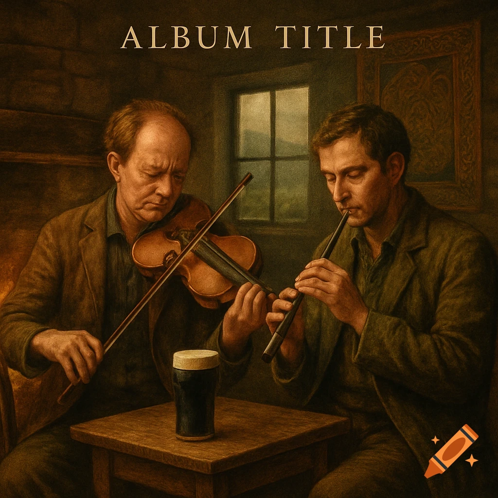 Two Irish musicians, one playing fiddle, one tin whistle, in a rustic setting with a pint of Guinness. Painterly style.