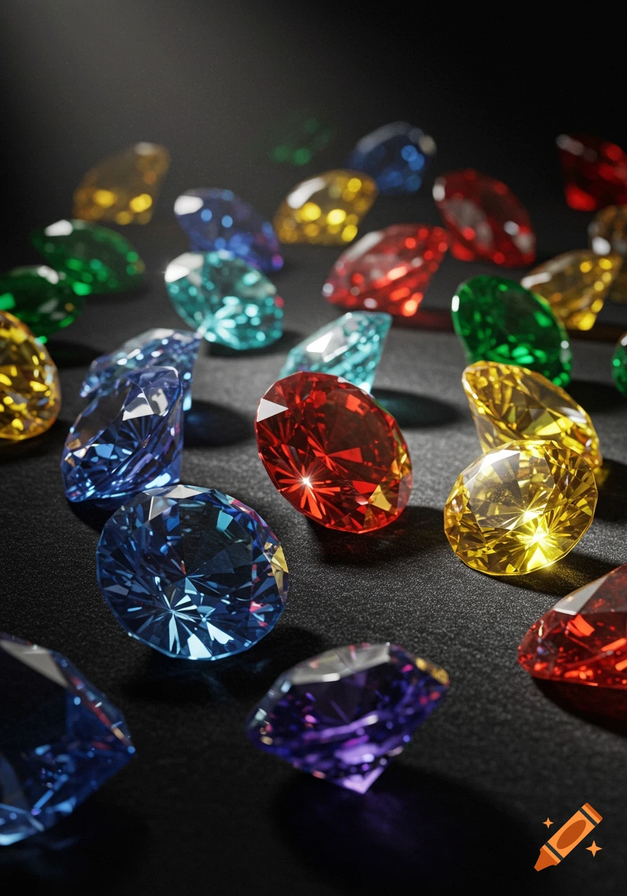 Colorful faceted gemstones in various colors scattered on a dark surface, illuminated by a spotlight.