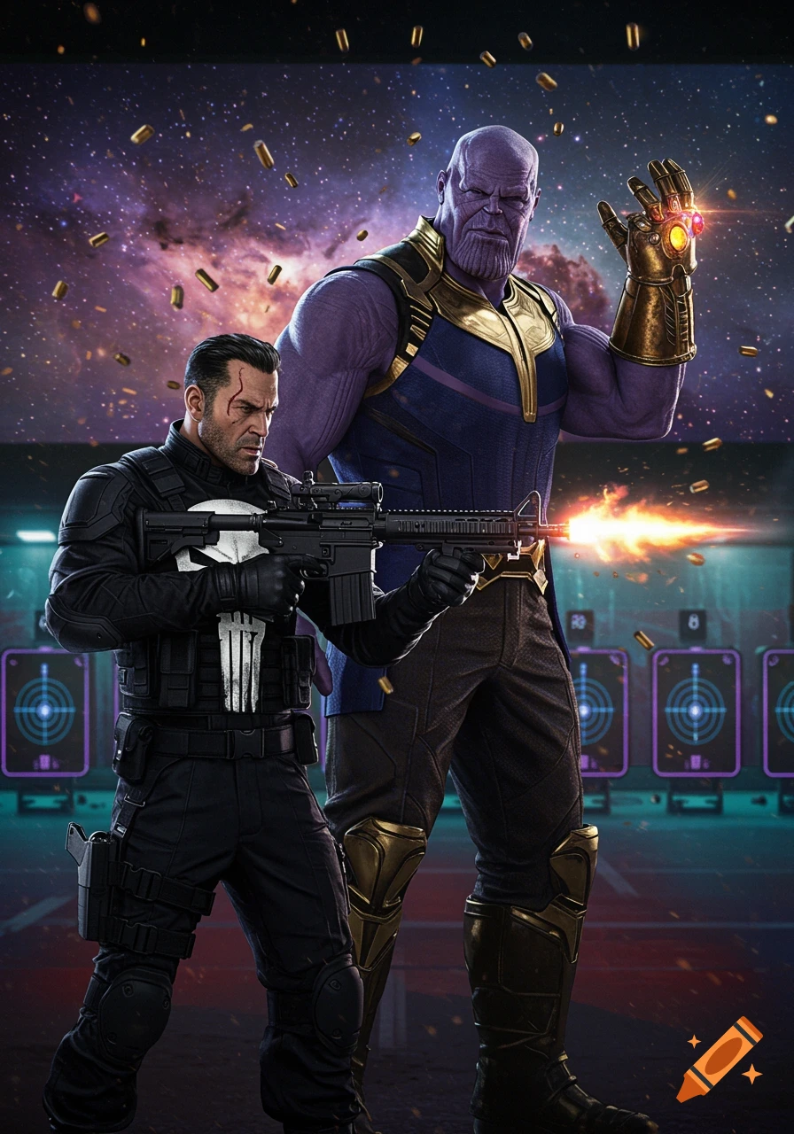 Marvel's Punisher shooting a rifle at a range with Thanos standing behind him, against a cosmic sky.