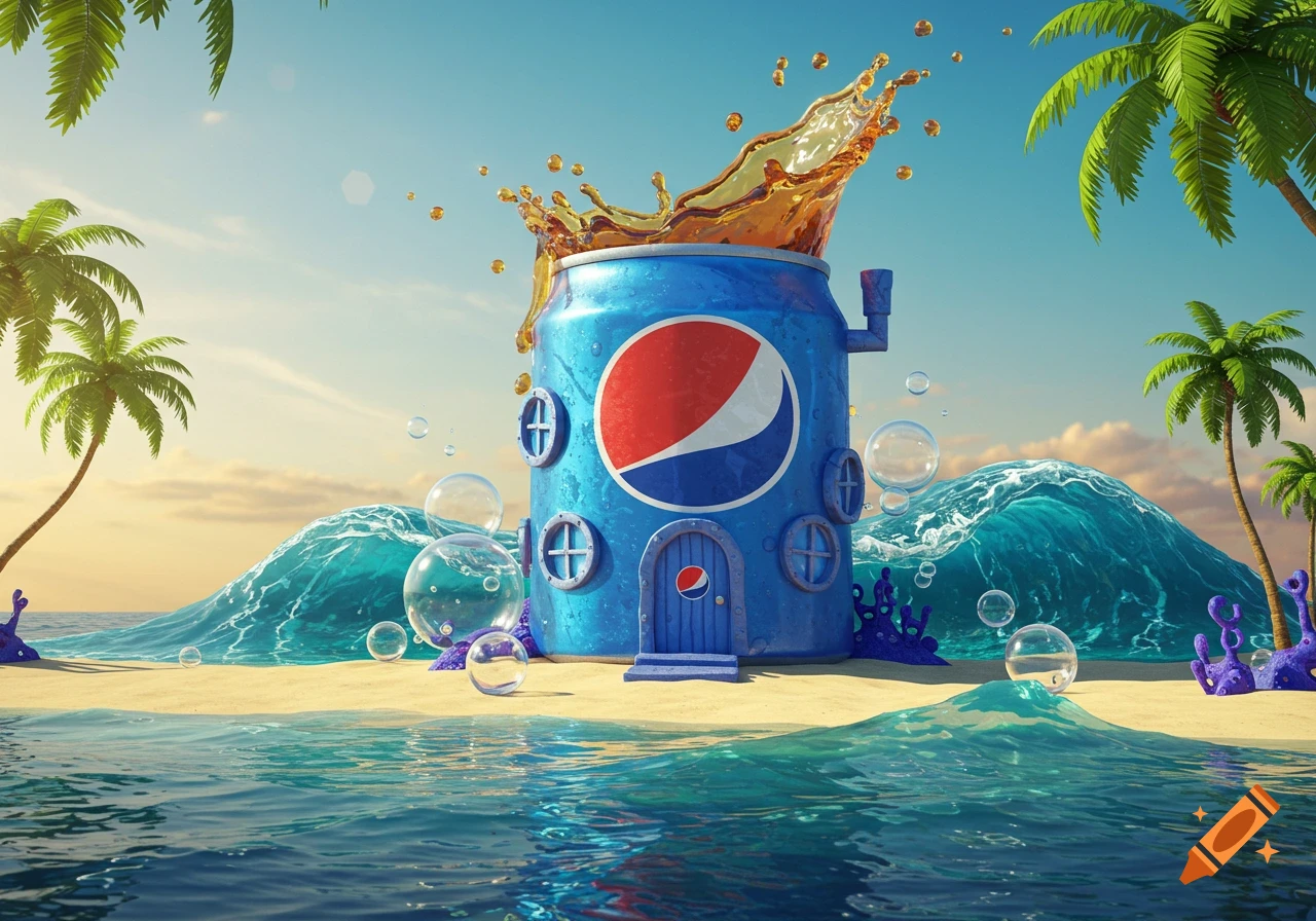 A whimsical Pepsi can house on a sunny beach with waves, palm trees, and soda splashing from its top.